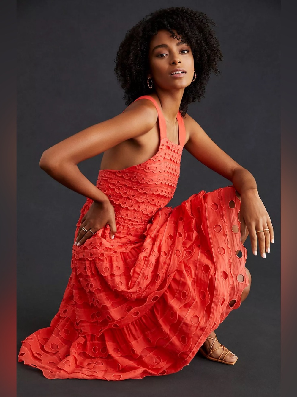 Maeve Eyelet Tiered Midi Dress Red Size 6 Anthropologie 57141